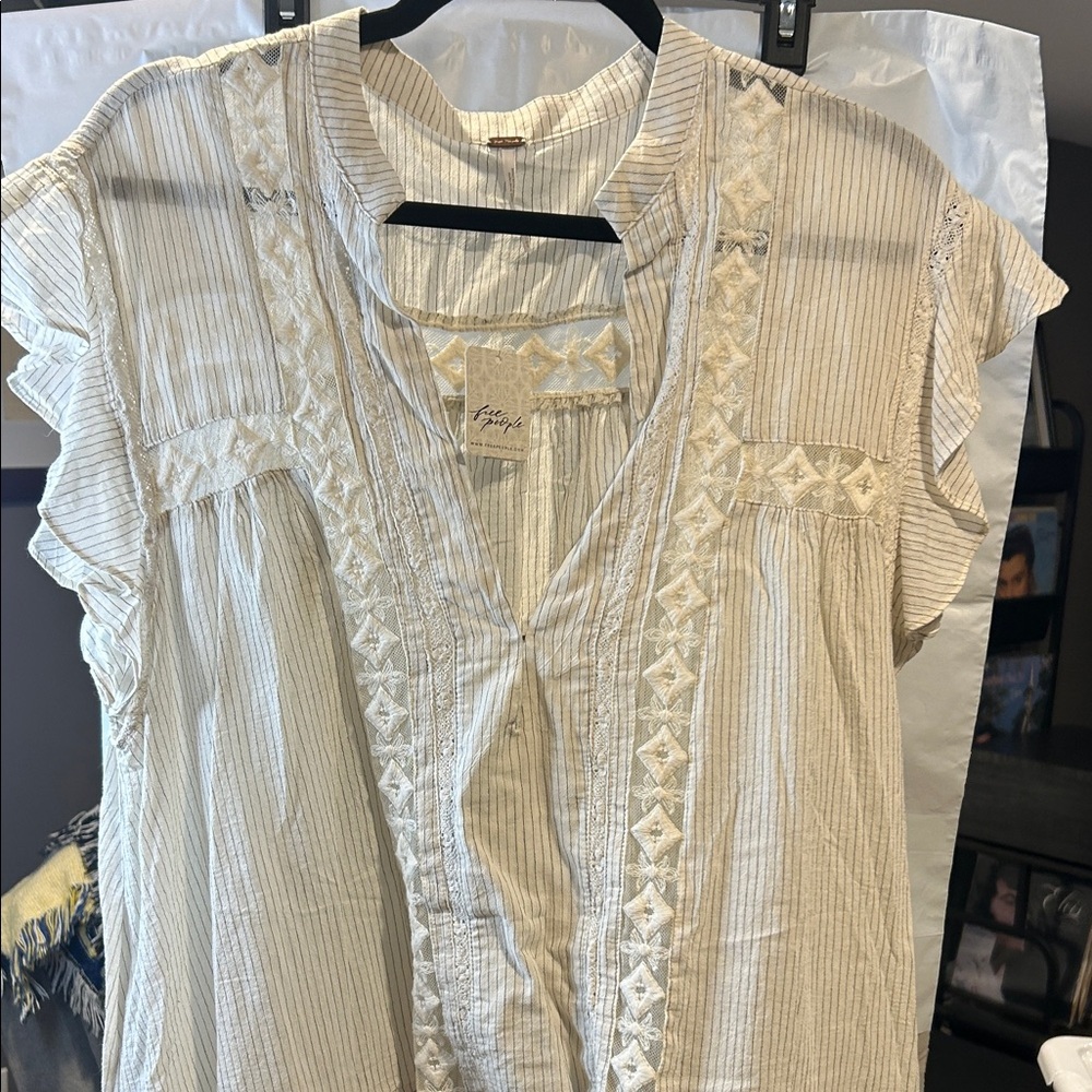 Free People Cream Striped Embroidered Flutter Sleeve Blouse
